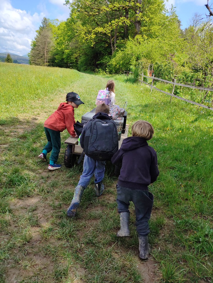 Otroci potiskajo lesen voz čez travnik